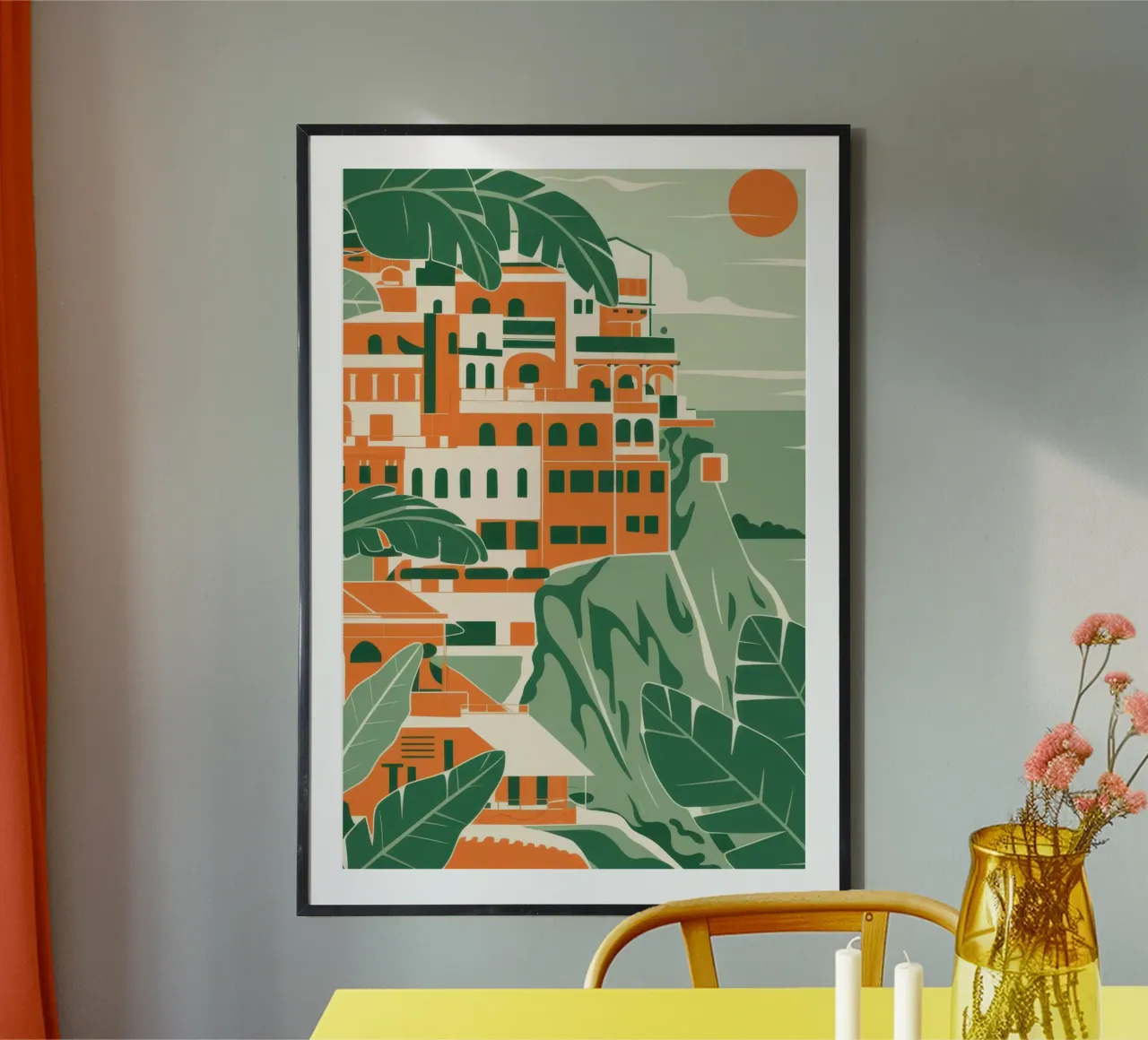 Riviera Vista baciata dal sole poster con telaio in alluminio da Veil Maya