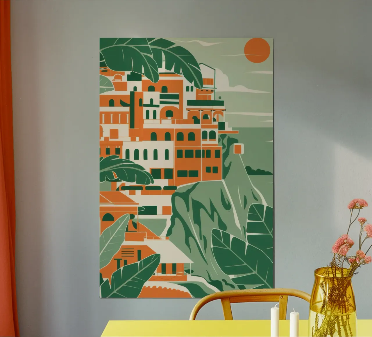 Riviera Vista baciata dal sole poster con telaio in alluminio da Veil Maya