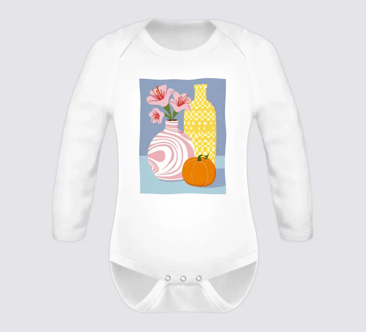 Pumpkin and Vases long-sleeve baby romper by Flock Reverie