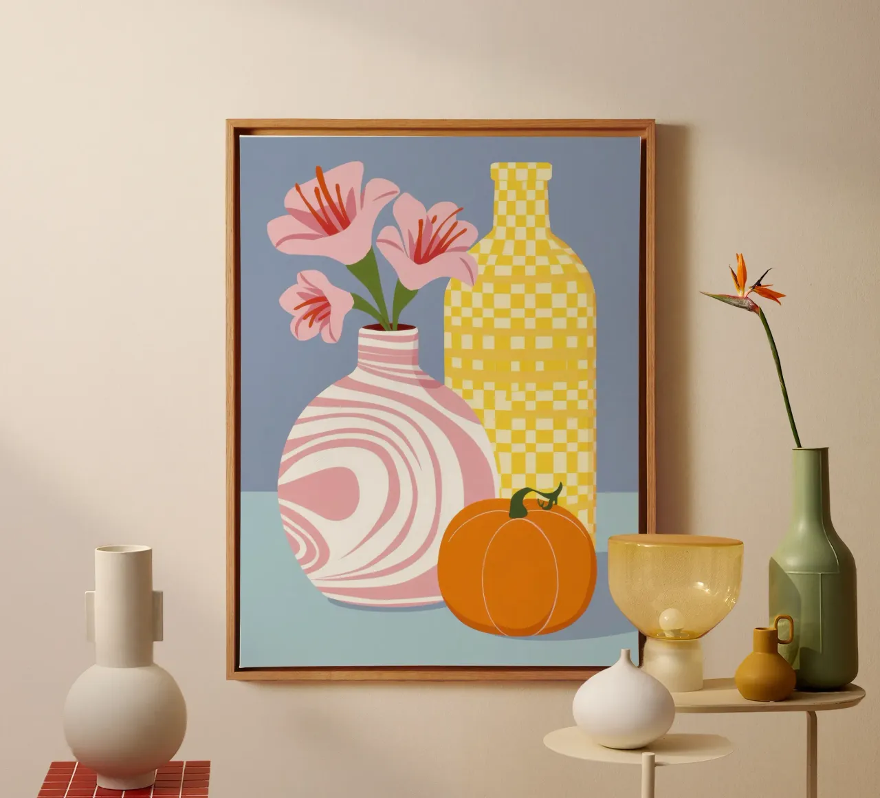 Calabazas y jarrones lienzo con Marco flotante de Flock Reverie