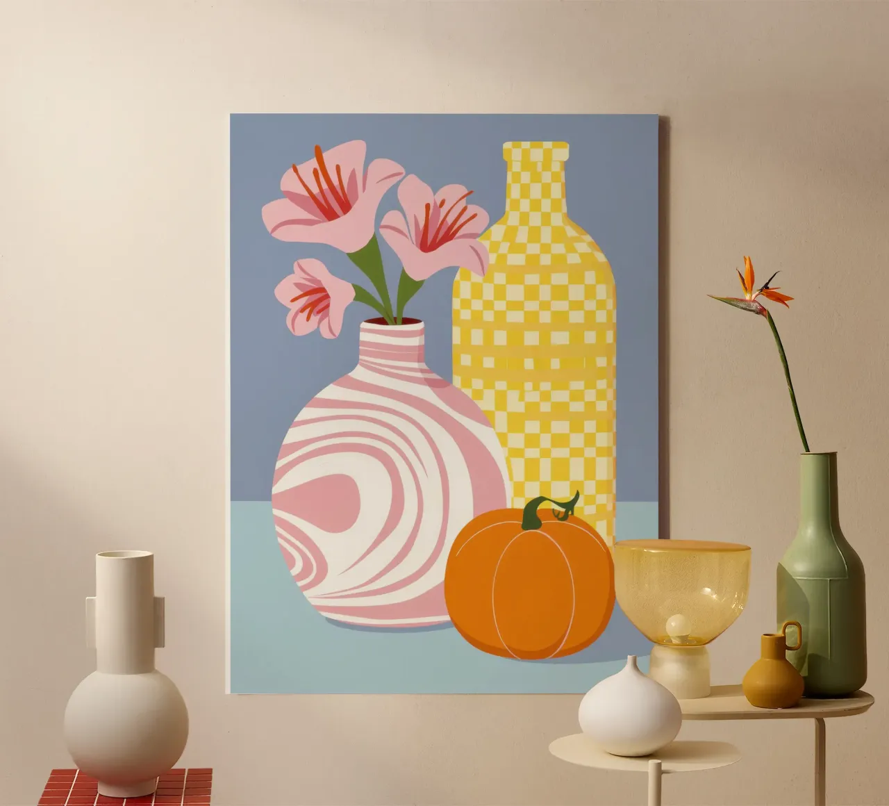 Calabazas y jarrones lienzo con Marco flotante de Flock Reverie