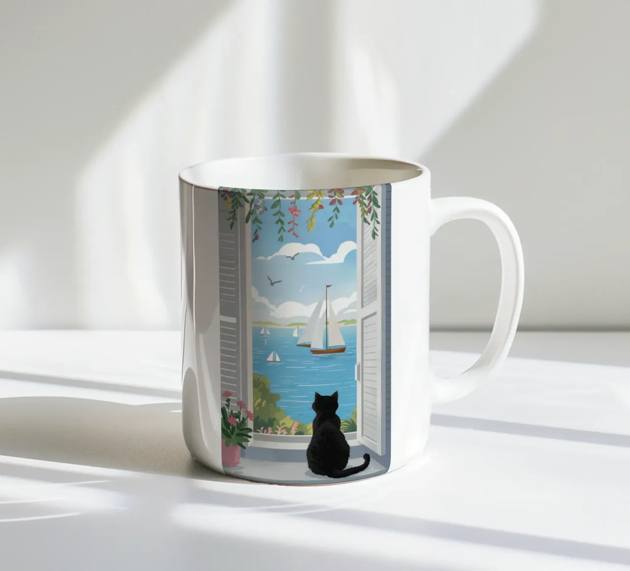 Feline Window Contemplation ceramic mug by Veil Maya