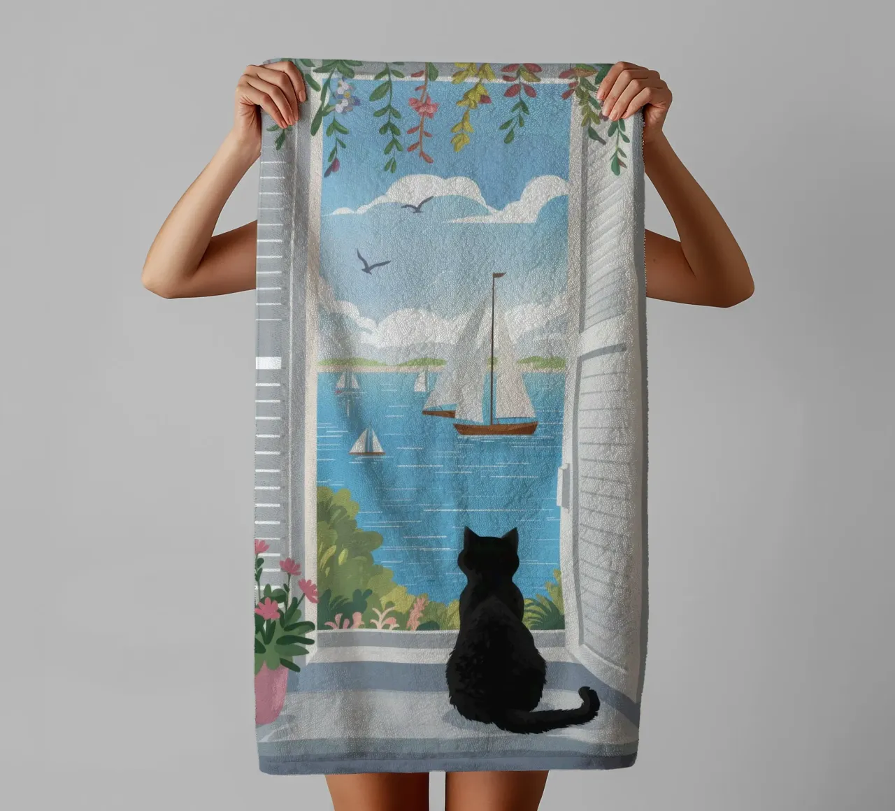 Feline Window Contemplation towel by Veil Maya
