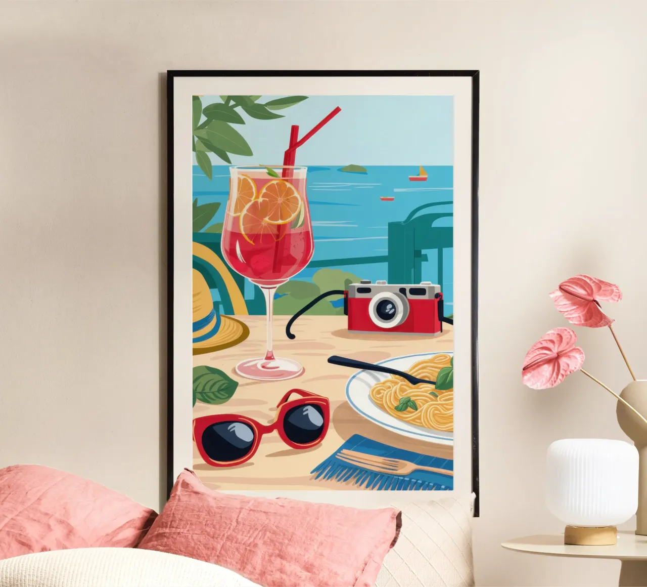 Ristoro sulla spiaggia poster con telaio in alluminio da Flock Reverie