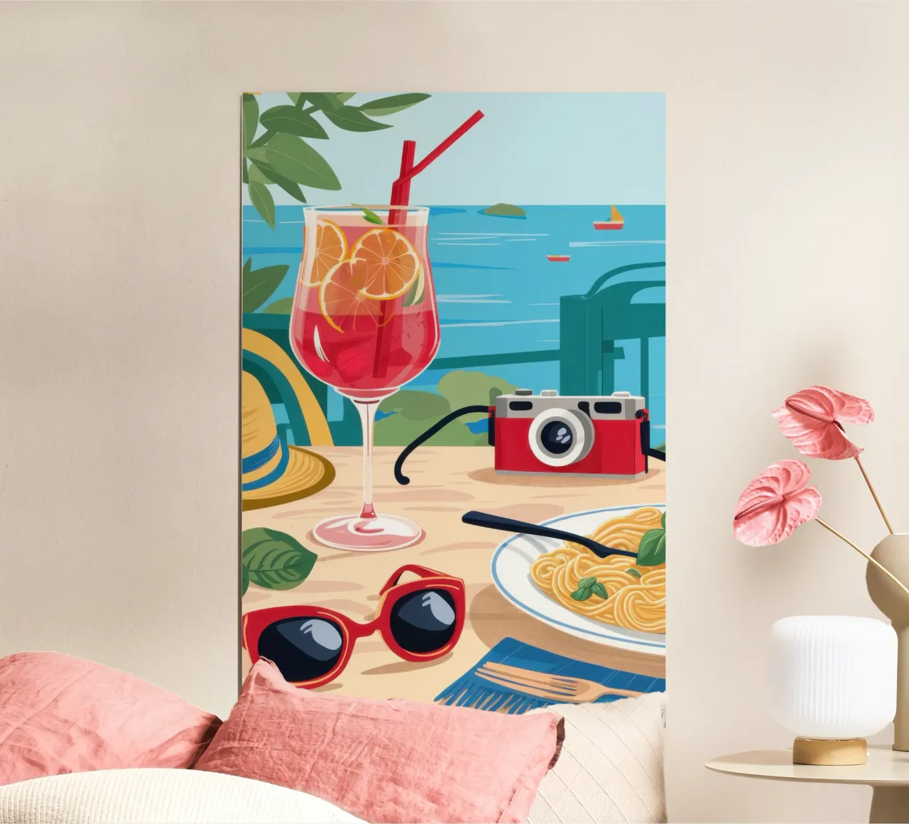 Ristoro sulla spiaggia poster con telaio in alluminio da Flock Reverie