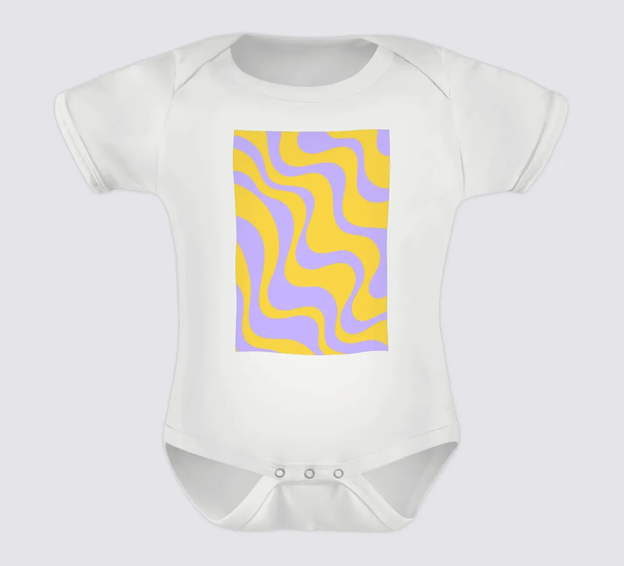 Grooviges abstraktes Retro-Muster in Gelb und Lavendel Kurzarm Babybody von The Art Club