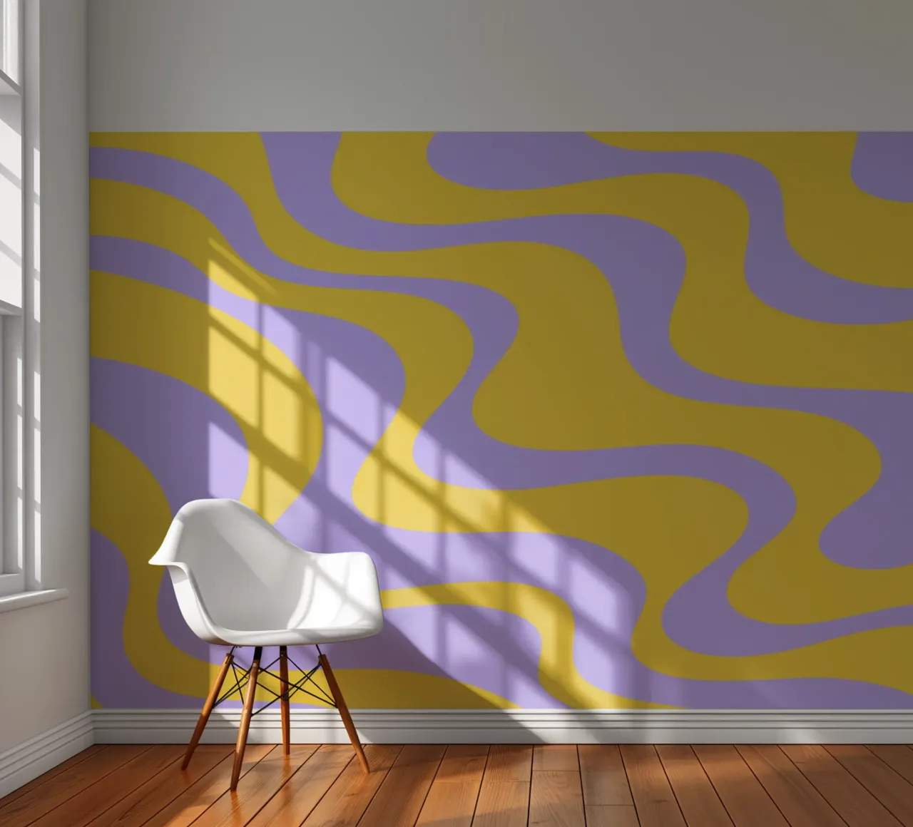 Groovy Retro Abstract Pattern in Yellow and Lavender (Motif abstrait rétro groovy en jaune et lavande) papier peint photo de The Art Club