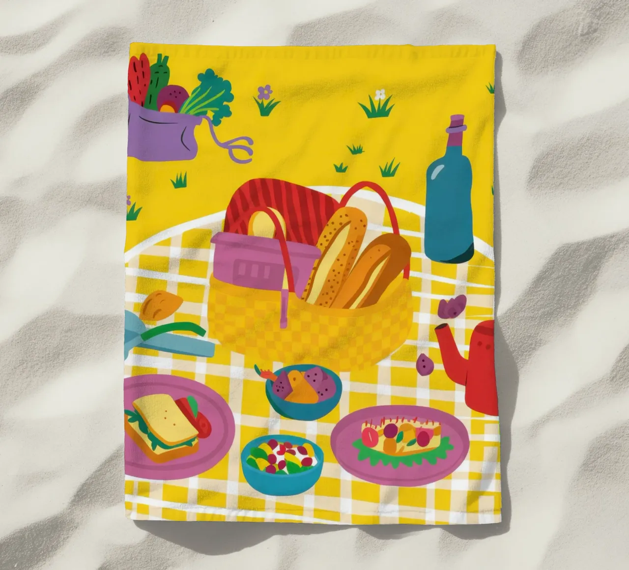 Joyful Summer Picnic beach towel by Flock Reverie