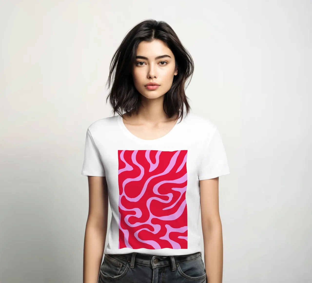 Psychedelic Red and Pink Abstract Wave Pattern women's fitted t-shirt by The Art Club
