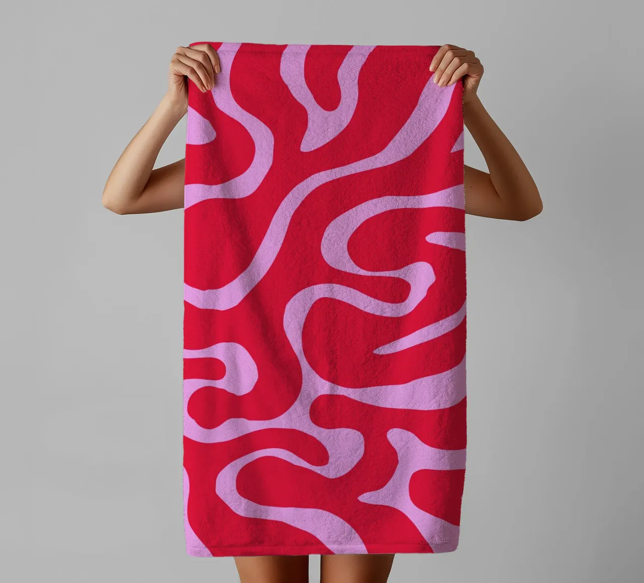 Psychedelic Red and Pink Abstract Wave Pattern towel by The Art Club