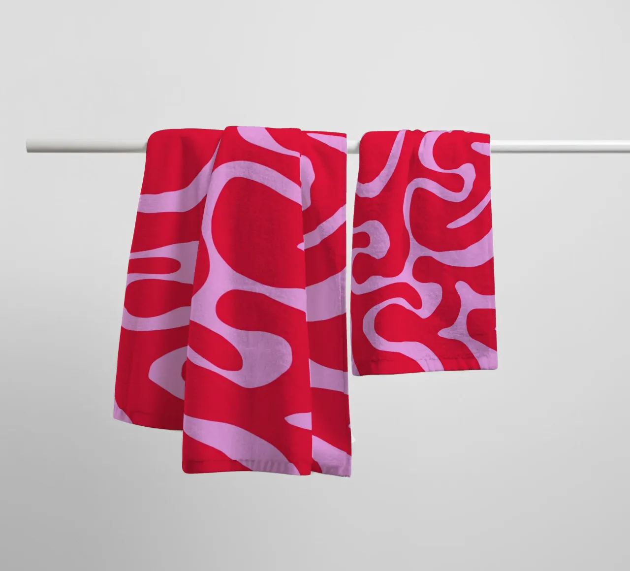 Psychedelic Red and Pink Abstract Wave Pattern towel by The Art Club