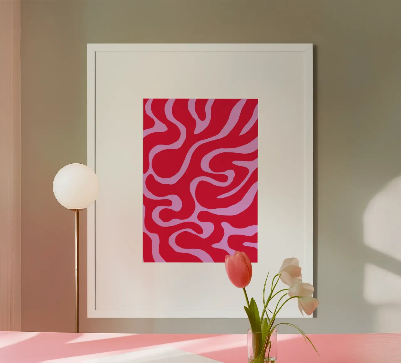 Psychedelisch Rood en Roze Abstract Golfpatroon hahnemühle van The Art Club
