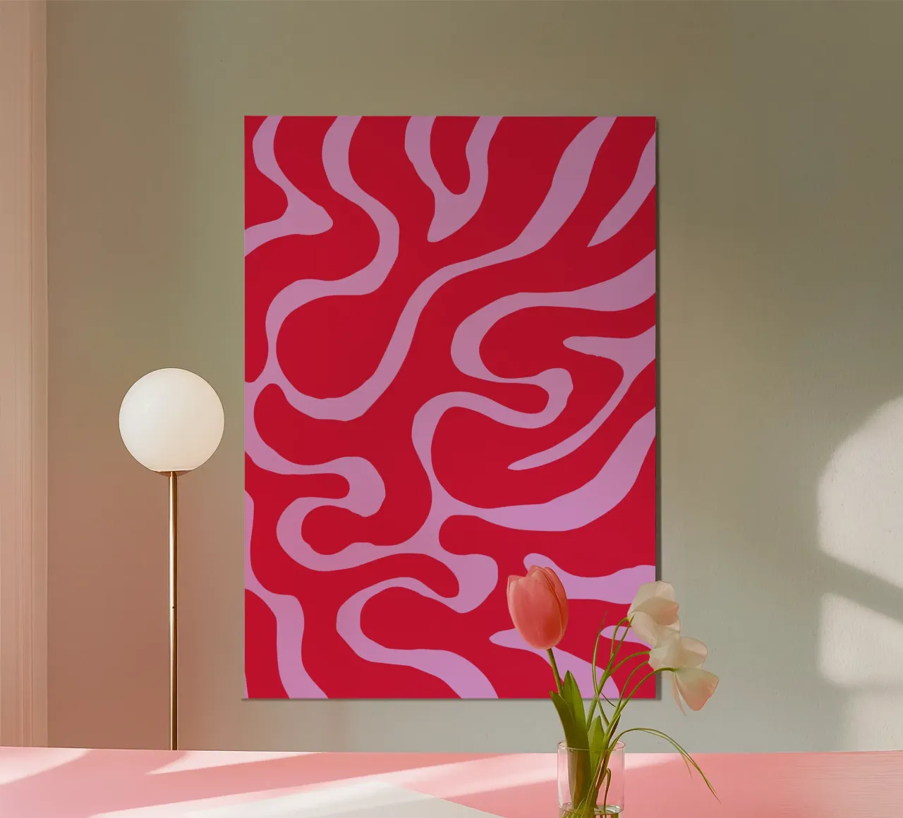 Psychedelisch Rood en Roze Abstract Golfpatroon hahnemühle van The Art Club