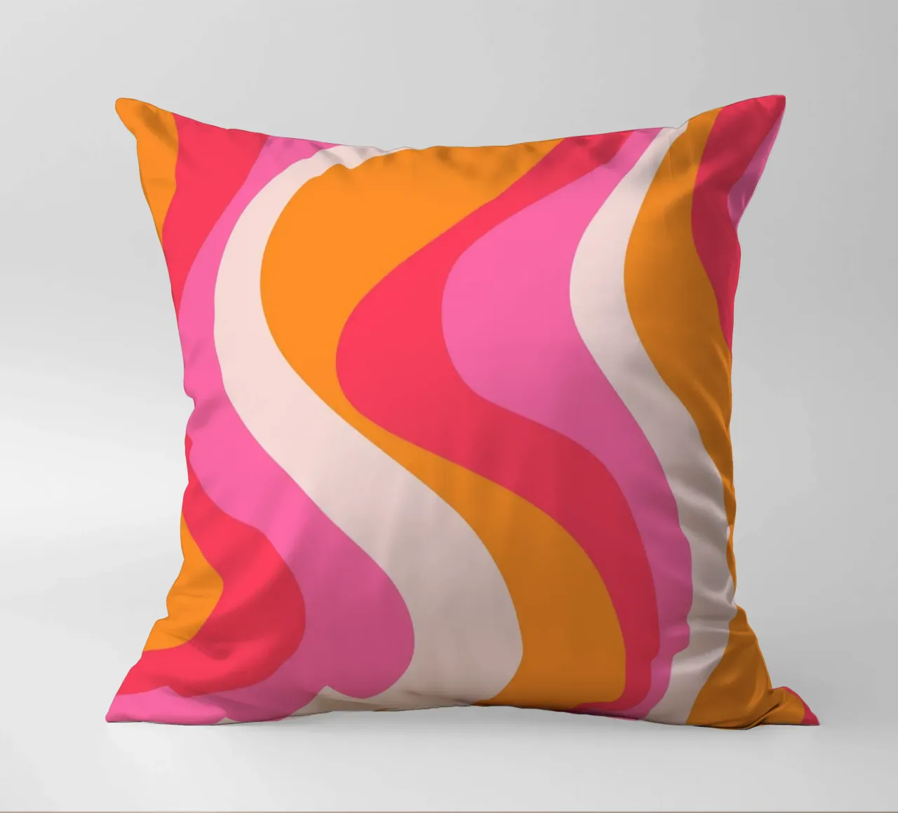 Vibrant Wavy Retro Pattern in Pink, Orange, and Coral Tones decorative cushion by The Art Club