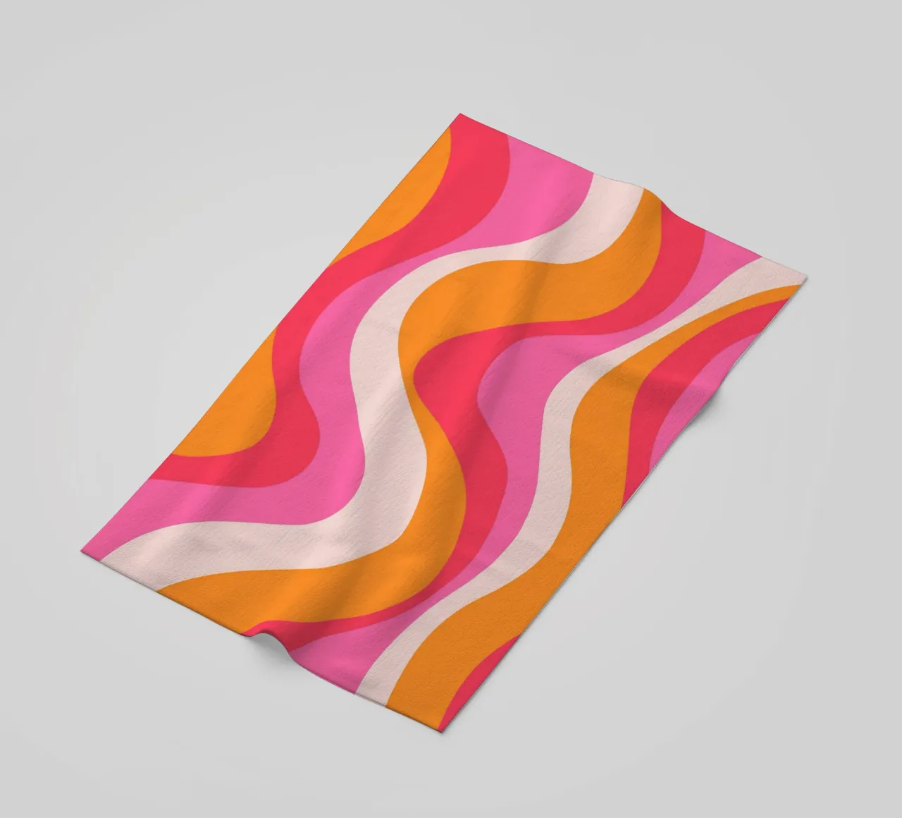 Vibrant Wavy Retro Pattern in Pink, Orange, and Coral Tones beach towel by The Art Club