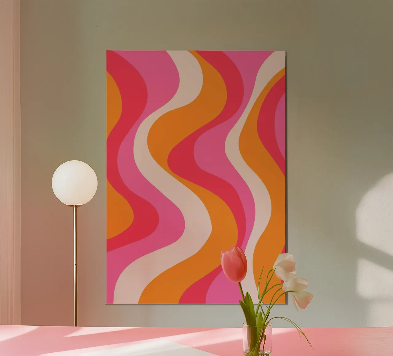 Vibrant Wavy Retro Pattern in Pink, Orange, and Coral Tones alu-dibond by The Art Club