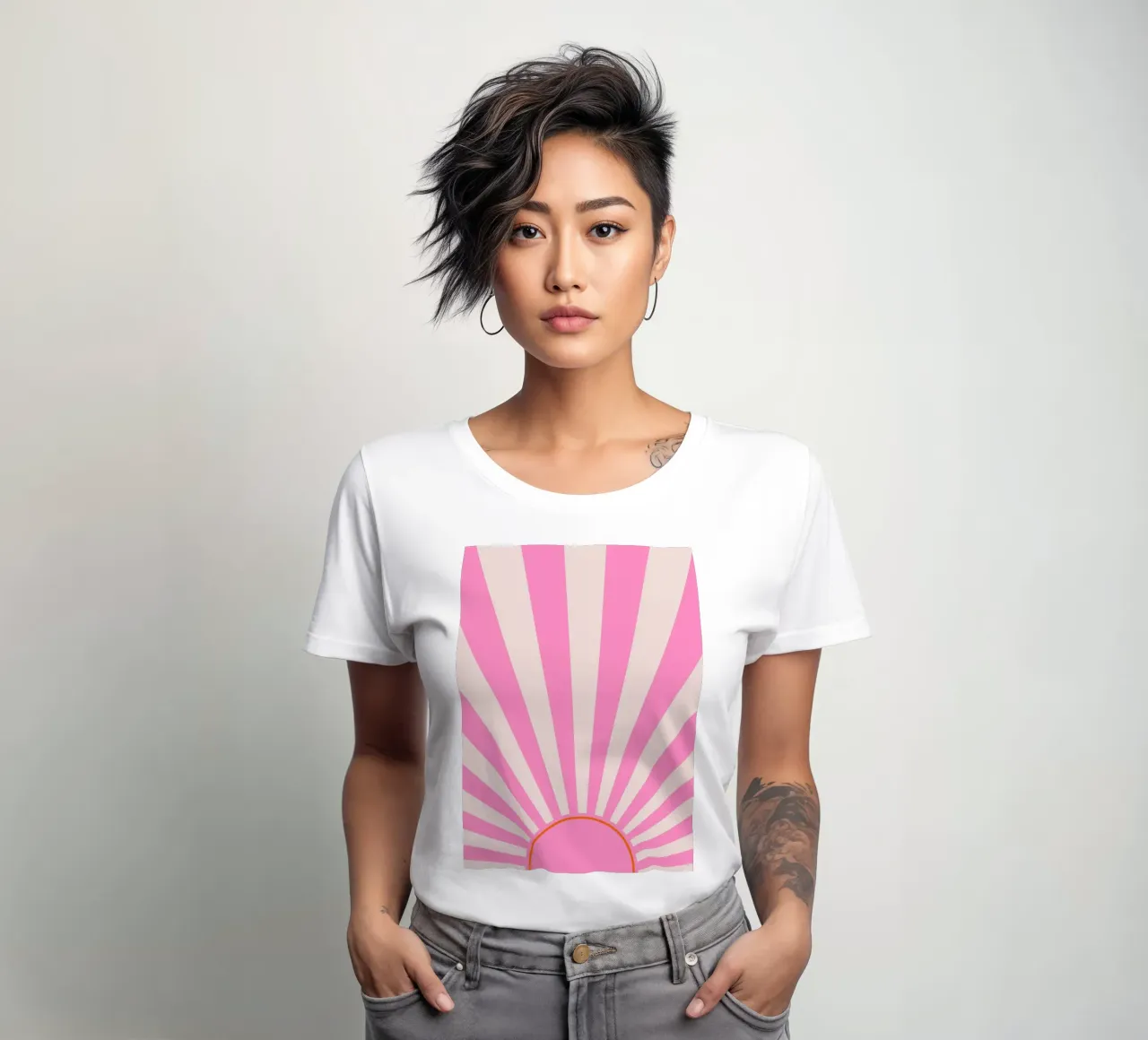 Soft Retro Sunrise Design in Pink and Cream Tones women's fitted t-shirt by The Art Club