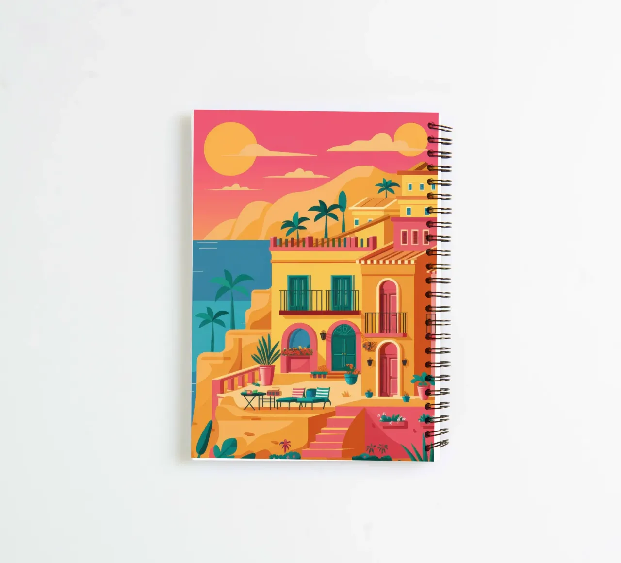 Sunset Over Coastal Town spiral notebook by Veil Maya