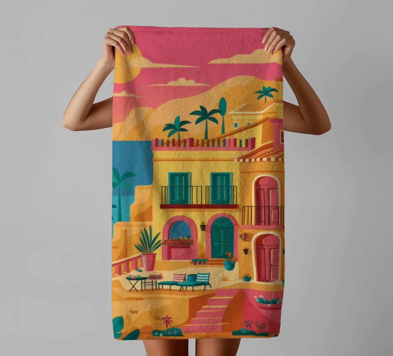 Sunset Over Coastal Town towel by Veil Maya