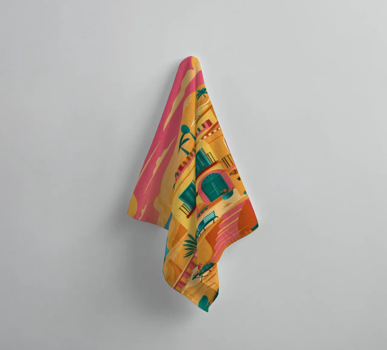 Sunset Over Coastal Town towel by Veil Maya