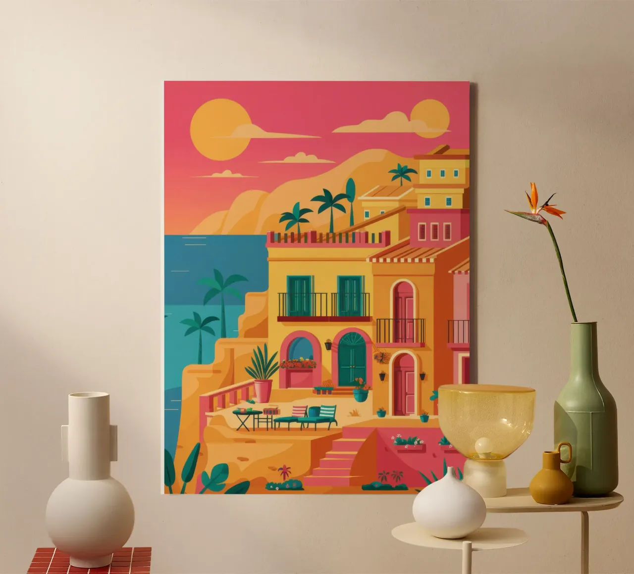 Sunset Over Coastal Town canvas by Veil Maya