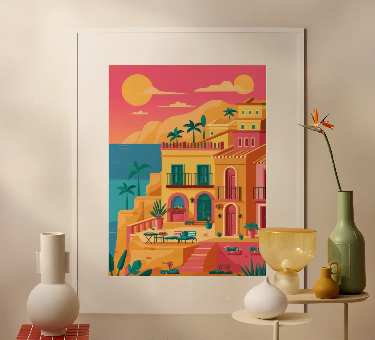 Sunset Over Coastal Town hahnemühle by Veil Maya