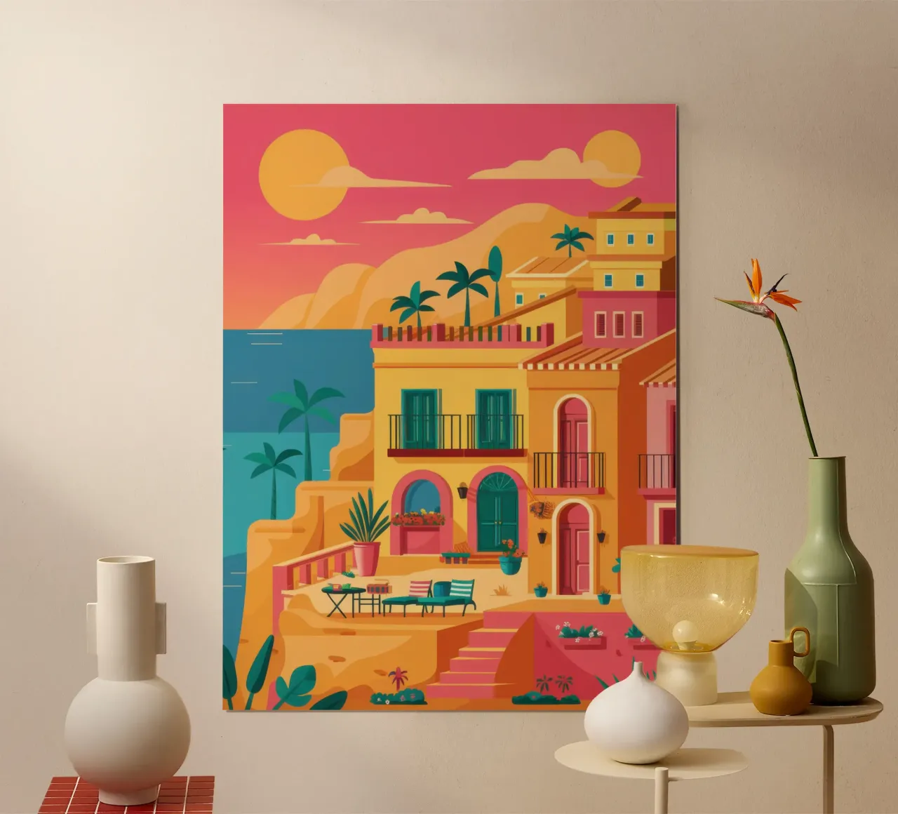 Sunset Over Coastal Town hahnemühle by Veil Maya