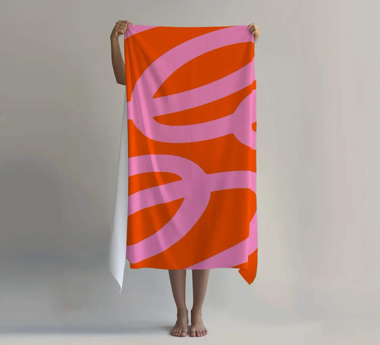 Bold Abstract Scribble Design in Pink and Orange beach towel by The Art Club