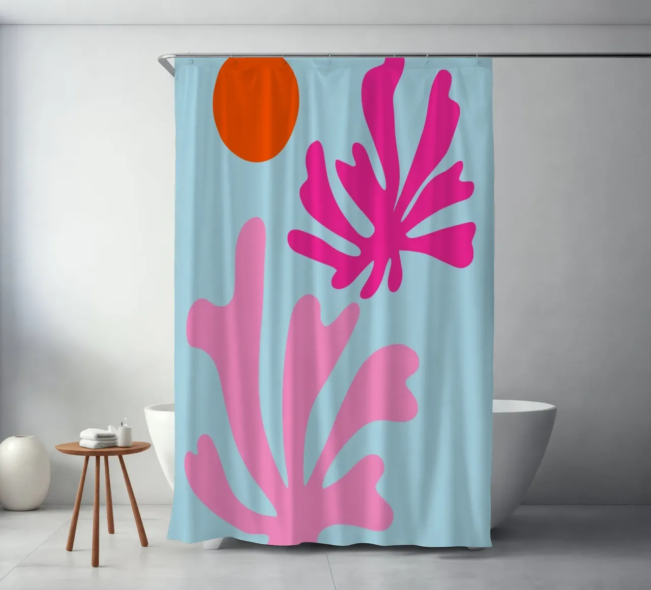Forme botaniche astratte in rosa e blu con arancione tenda da doccia da The Art Club