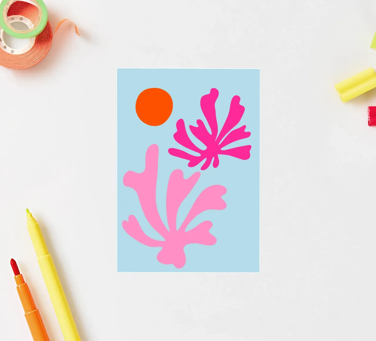 Forme botaniche astratte in rosa e blu con arancione adesivo da The Art Club