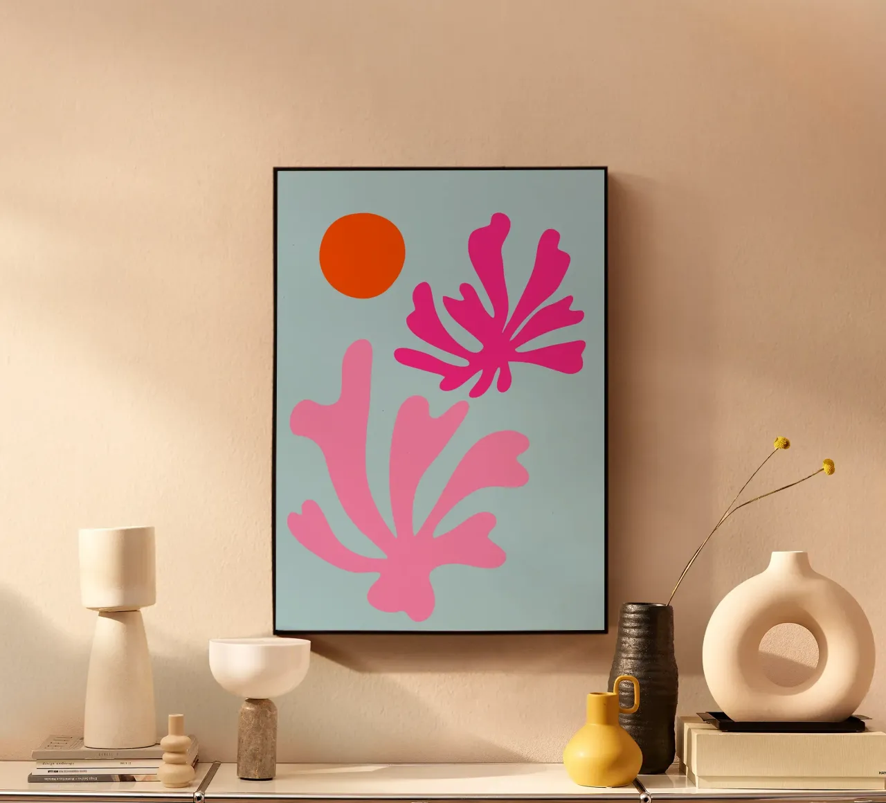 Forme botaniche astratte in rosa e blu con arancione alluminio dibond da The Art Club