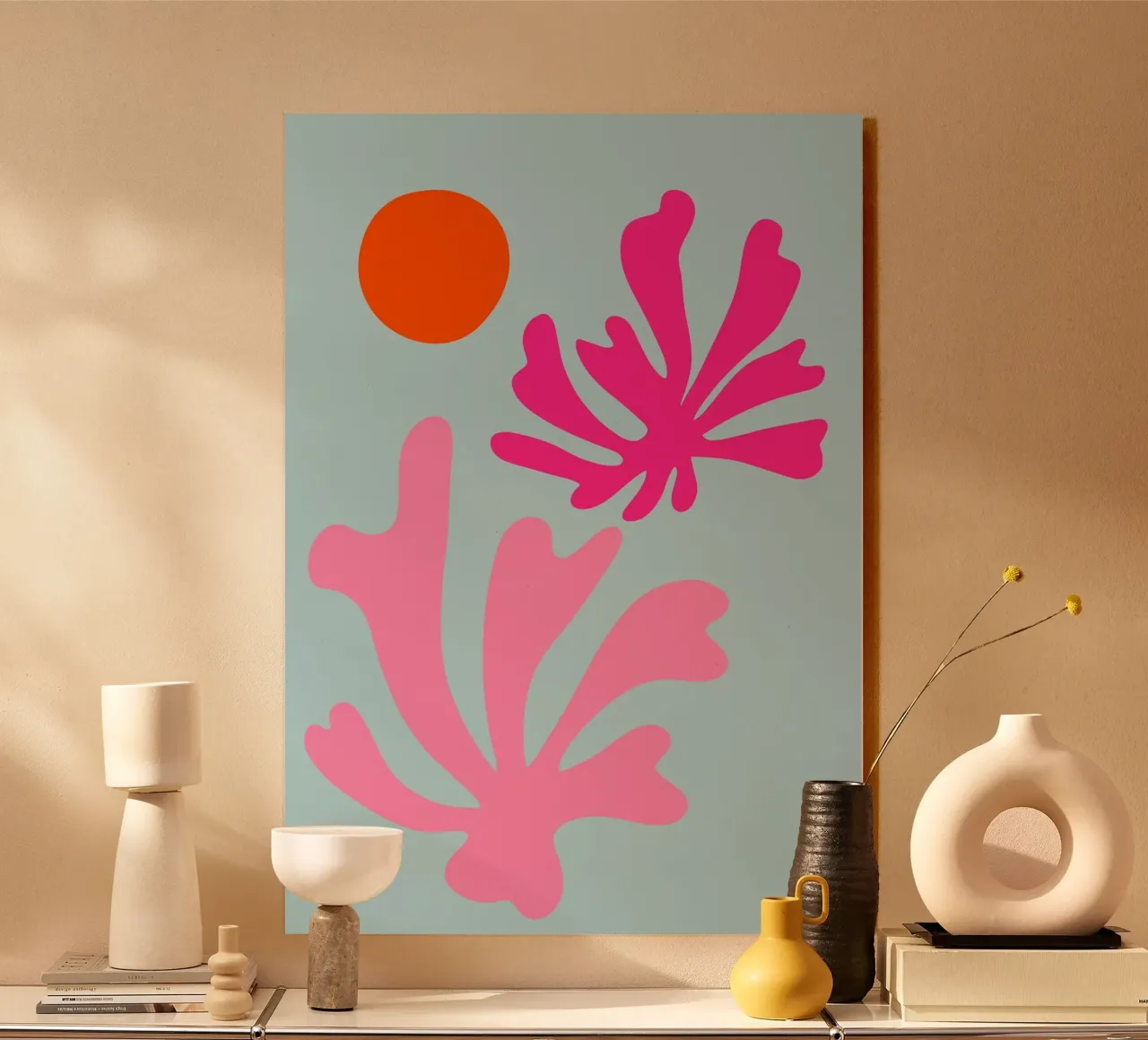 Forme botaniche astratte in rosa e blu con arancione alluminio dibond da The Art Club