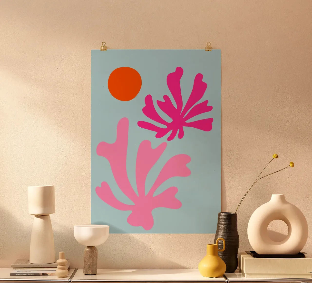 Forme botaniche astratte in rosa e blu con arancione carta hahnemühle da The Art Club