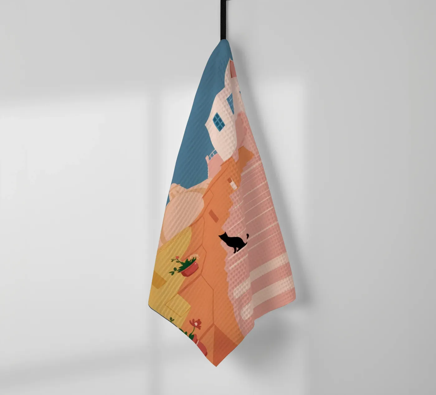 Roseate Stairway Cat tea towel by Prism Ritual