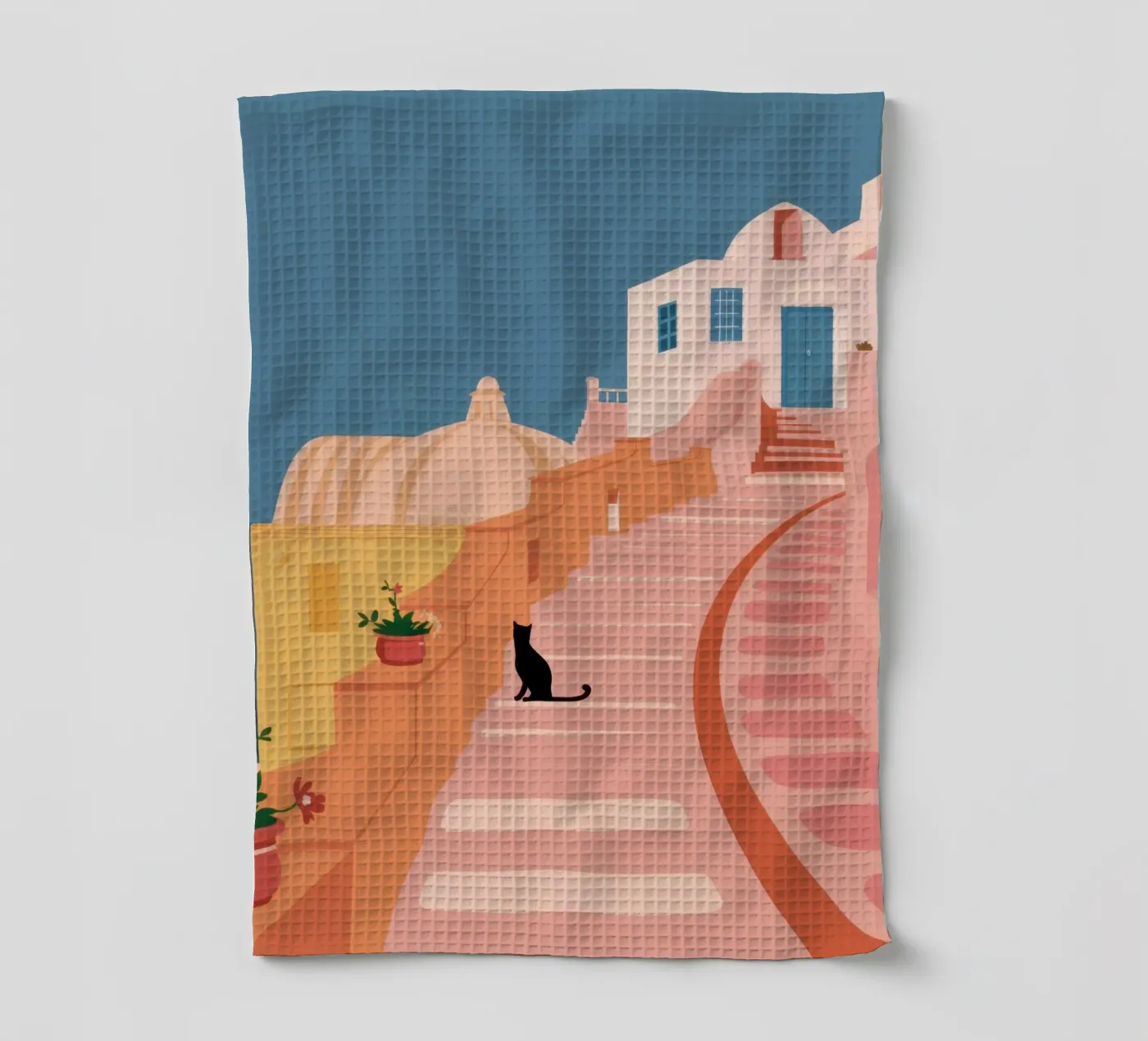Roseate Stairway Cat tea towel by Prism Ritual