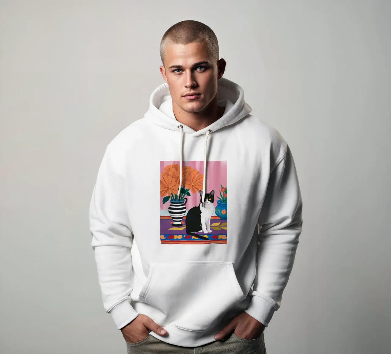 Gatto su un vaso a righe felpa con cappuccio da Veil Maya