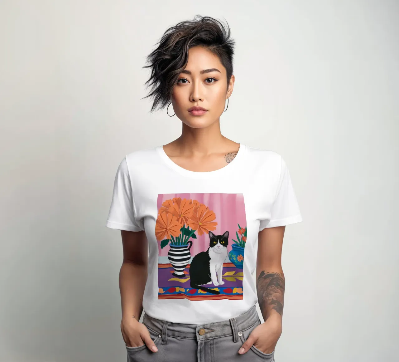 Gatto su un vaso a righe t-shirt da donna da Veil Maya