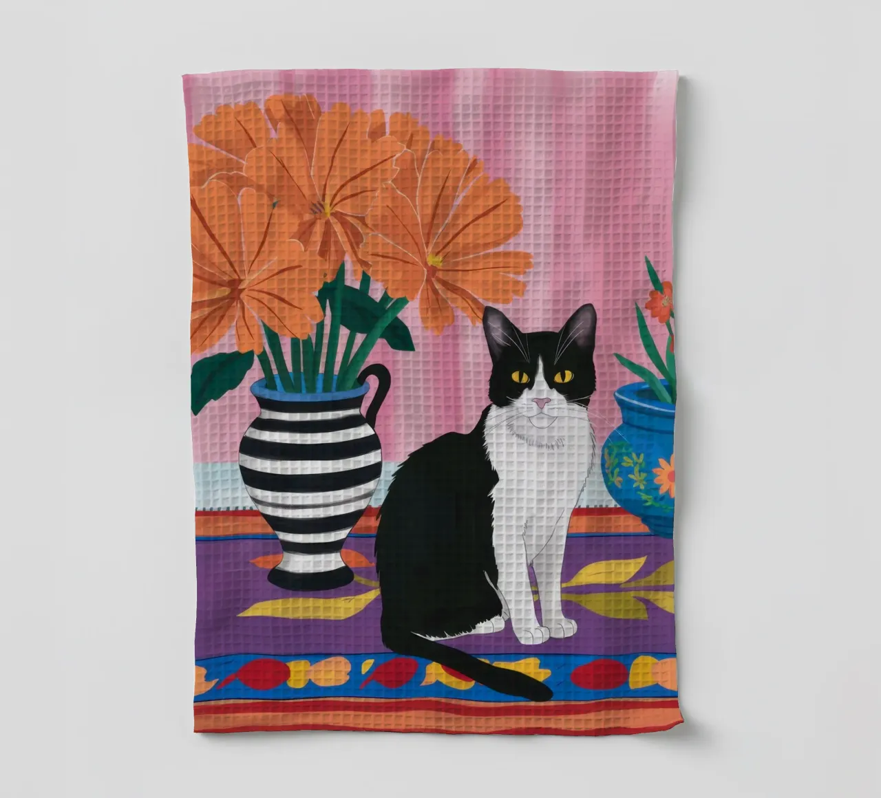 Gatto su un vaso a righe canovaccio da cucina da Veil Maya