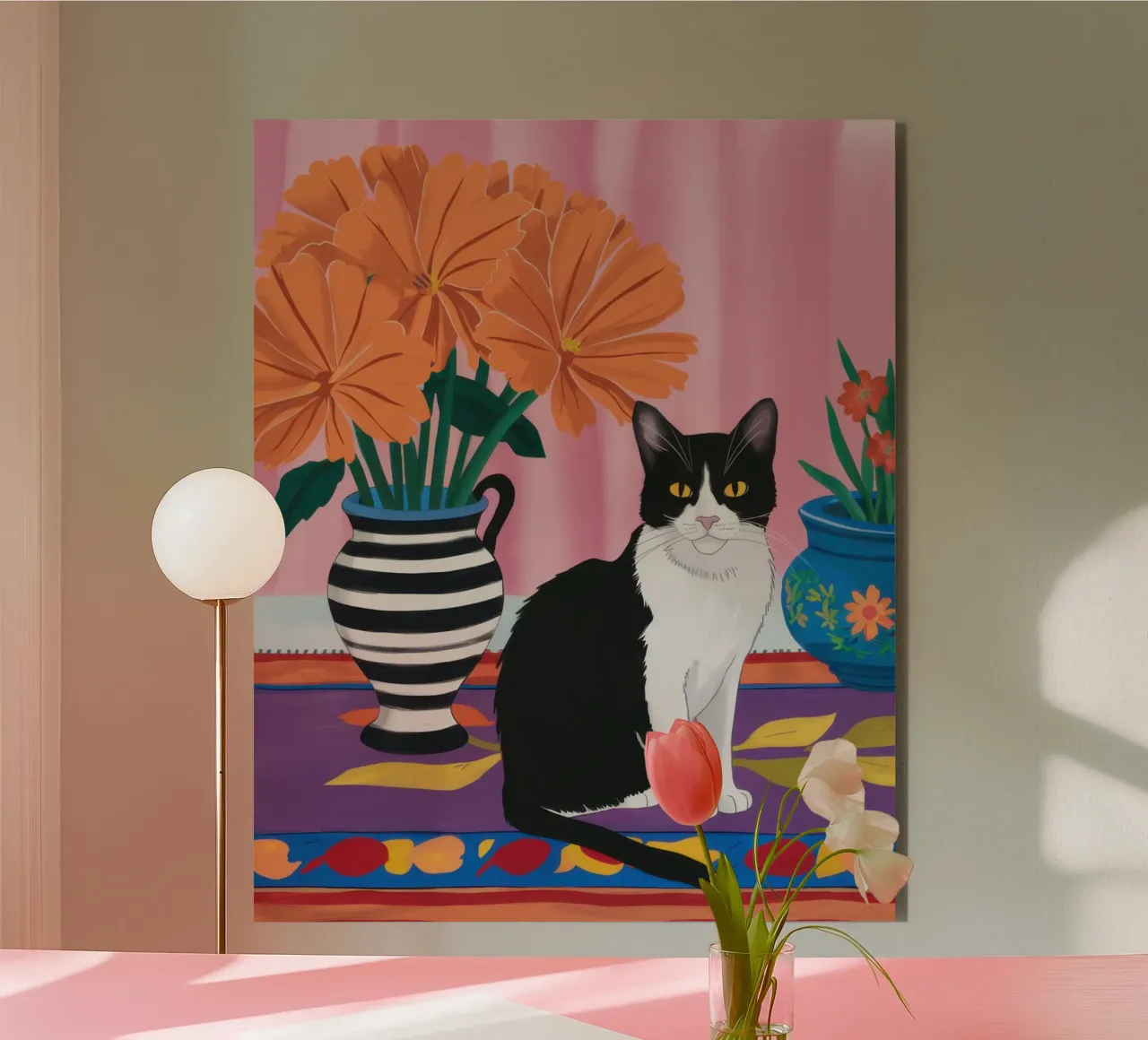 Gatto su un vaso a righe alluminio dibond da Veil Maya