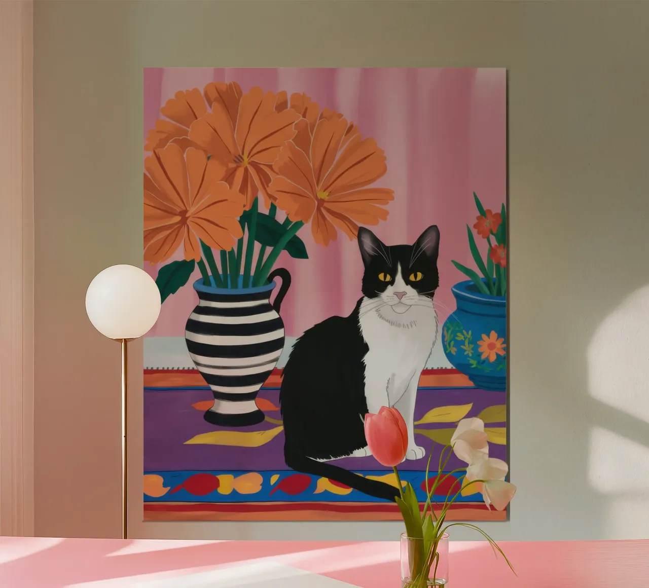 Gatto su un vaso a righe carta hahnemühle da Veil Maya