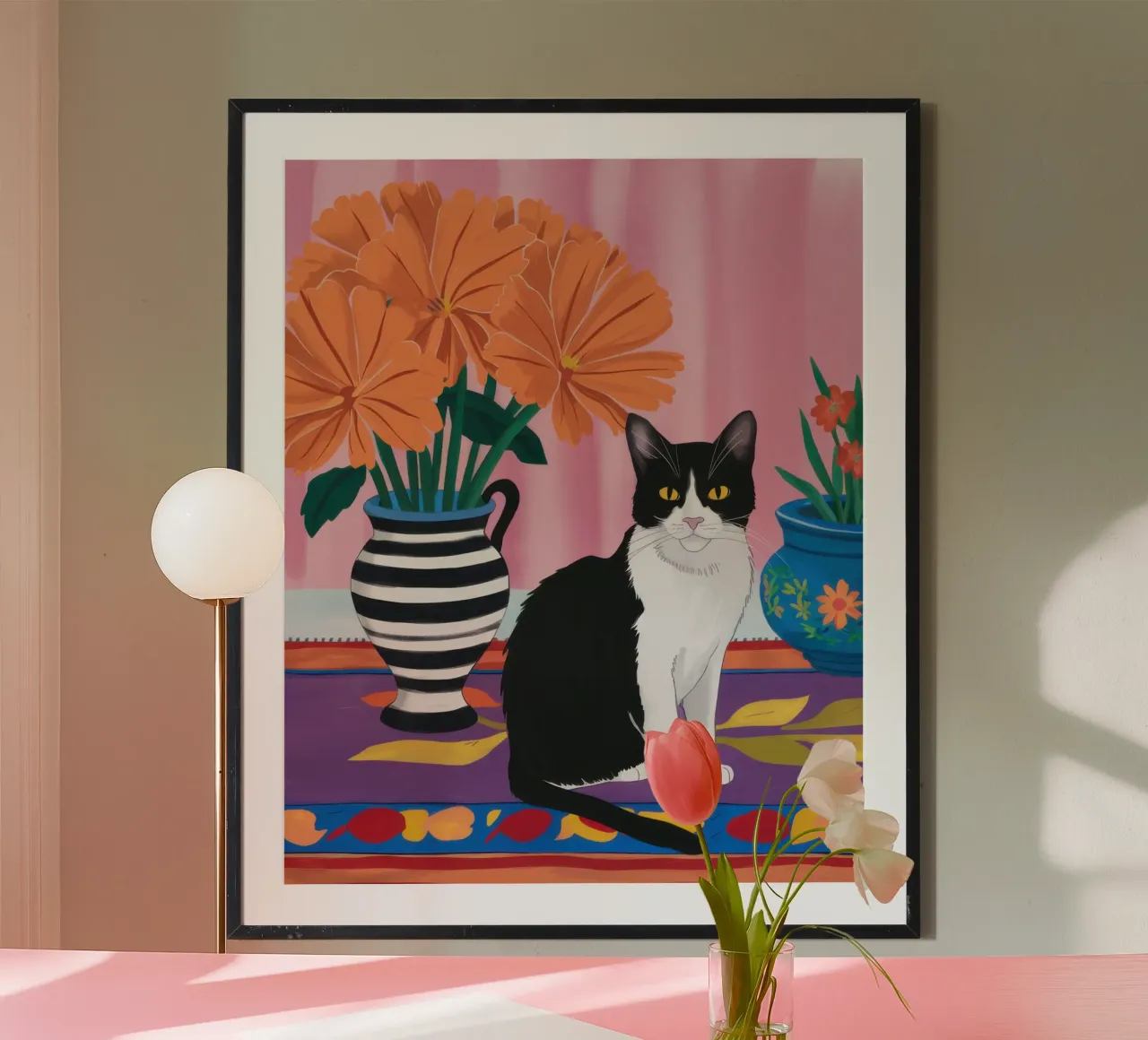 Gatto su un vaso a righe carta hahnemühle da Veil Maya