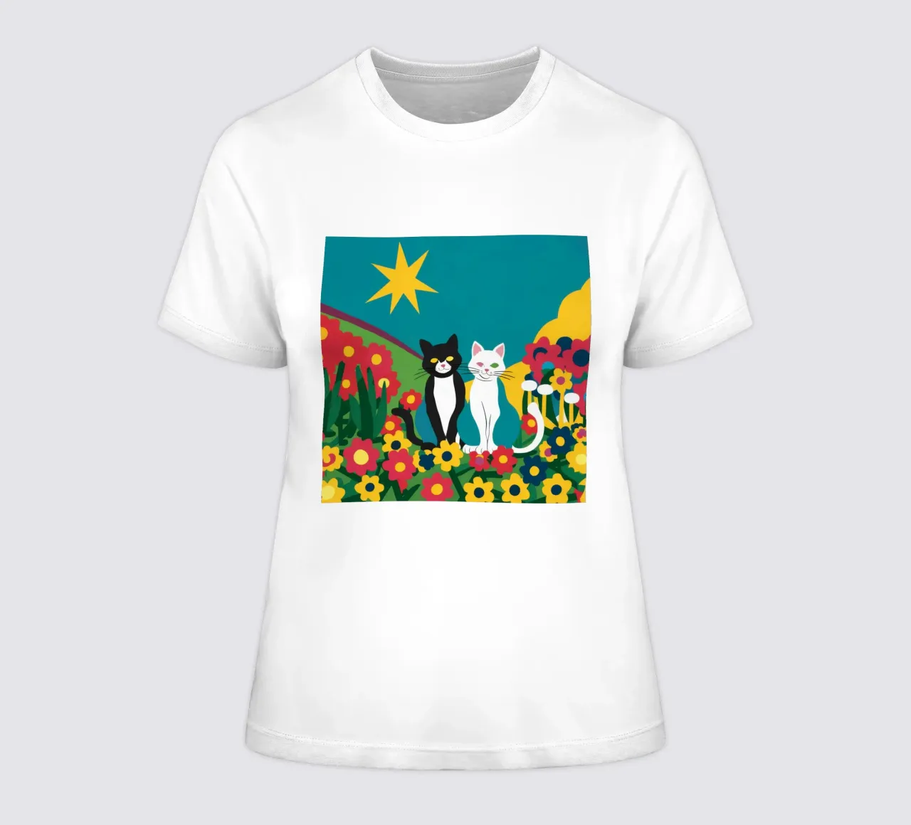 Cats in the Flower Patch women's fitted t-shirt by Flock Reverie