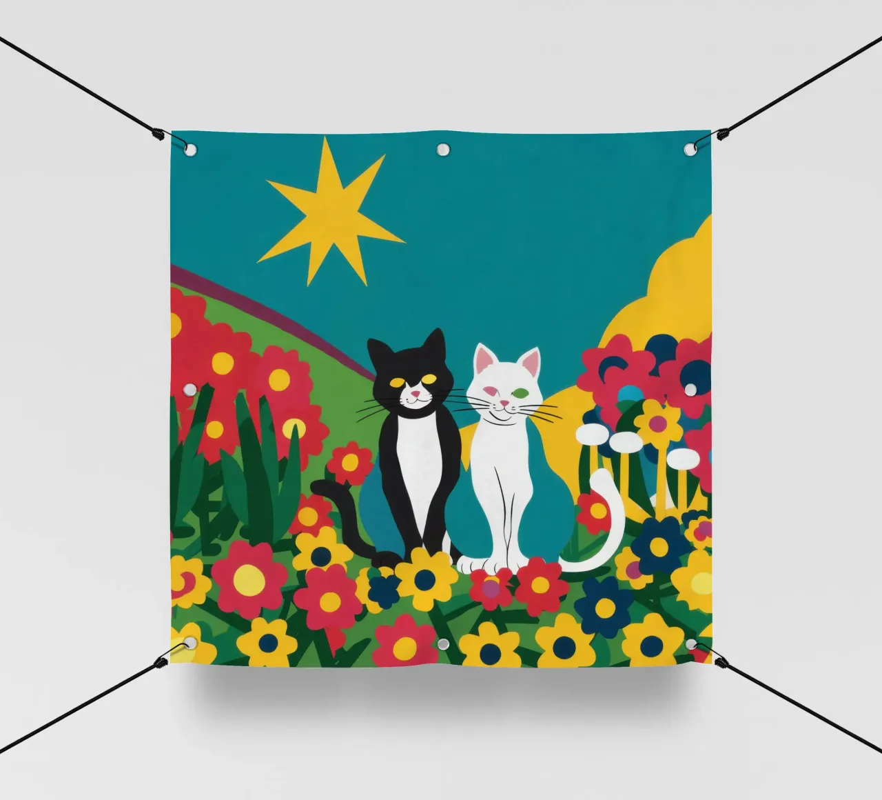 Gatti nel campo di fiori telo in pvc da Flock Reverie