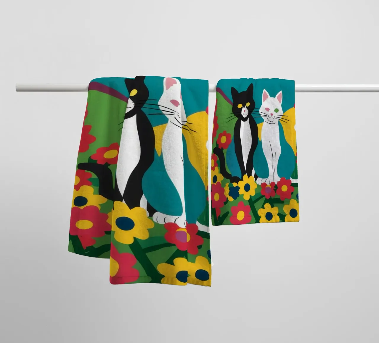 Cats in the Flower Patch towel by Flock Reverie