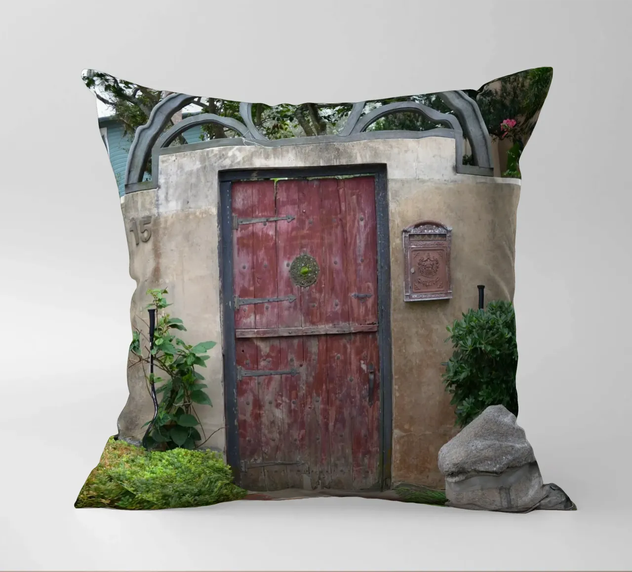 Charming Stone Wall and Wooden Door in St. Augustine decorative cushion by byrieneke