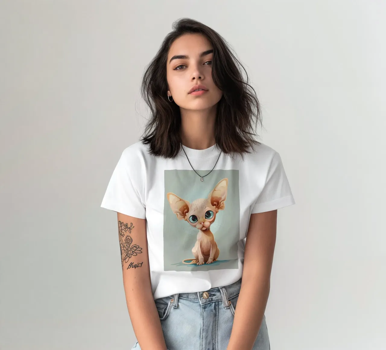 Simpatico gatto senza pelo con occhi grandi e orecchie sporgenti t-shirt da DesignDoodle