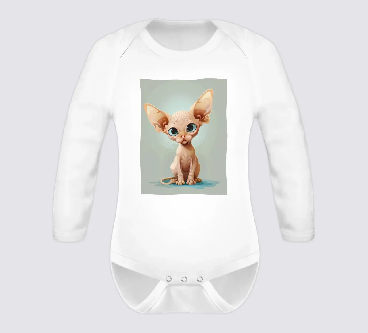 Cute hairless cat with oversized eyes and prominent ears long-sleeve baby romper by DesignDoodle