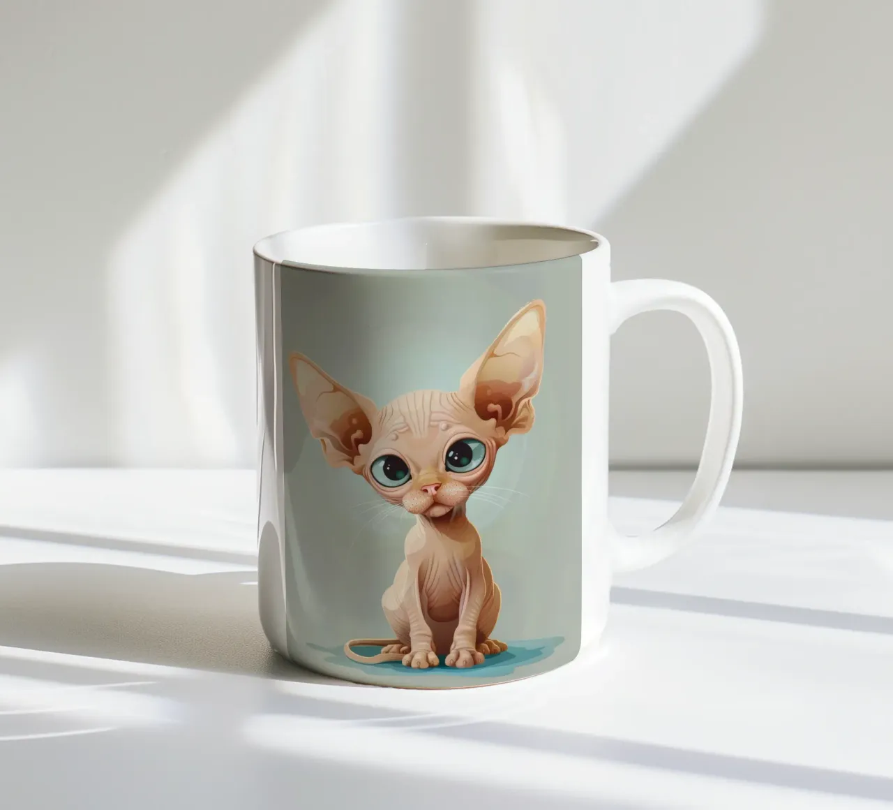 Simpatico gatto senza pelo con occhi grandi e orecchie sporgenti tazza in ceramica da DesignDoodle