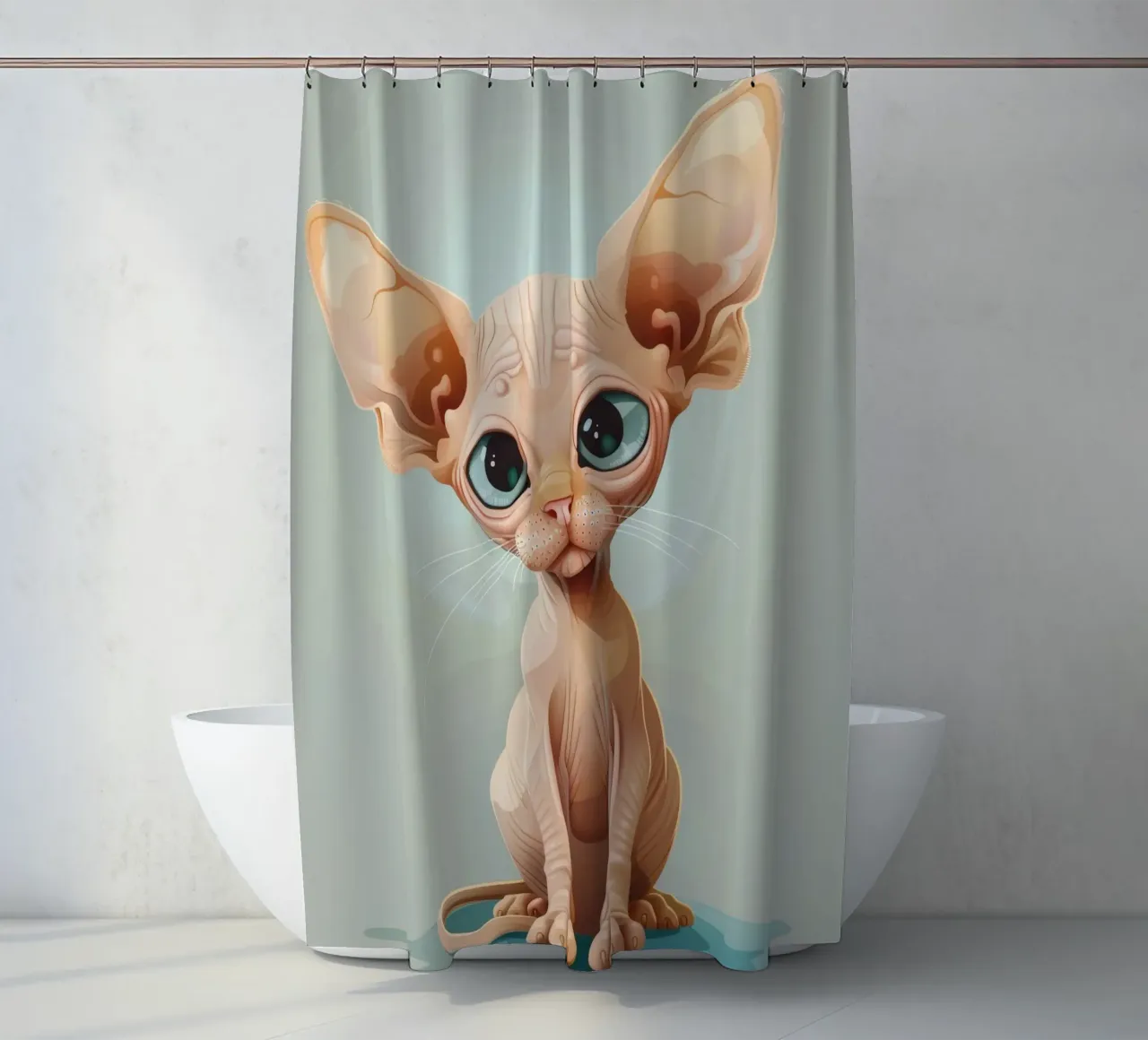Cute hairless cat with oversized eyes and prominent ears shower curtain by DesignDoodle