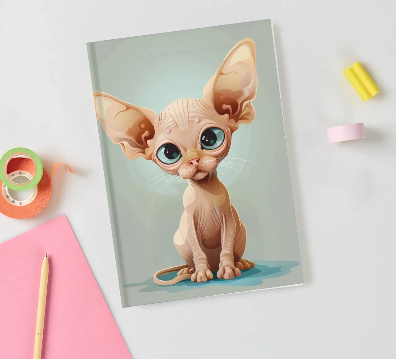 Mignon chat sans poils avec des yeux surdimensionnés et des oreilles proéminentes carnet de notes de DesignDoodle
